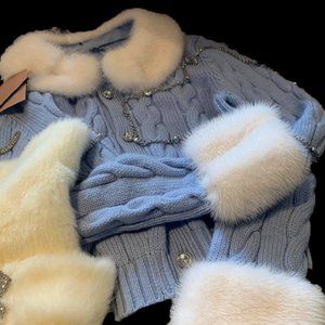 MiuMiu Style Cropped Cardigan With Fur Collar